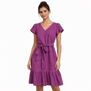 Women's LOFT Outlet Pink Purple Embroidered V-Neck Belted Dress Size 0